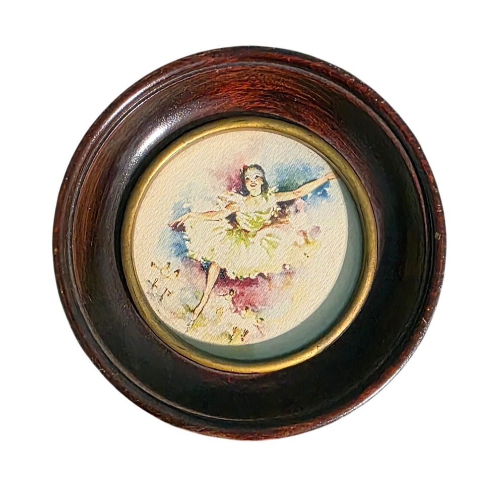 Vintage Miniature Ballerina Painting Round Wood Frame Gold Bezel Wall Art 5 inch